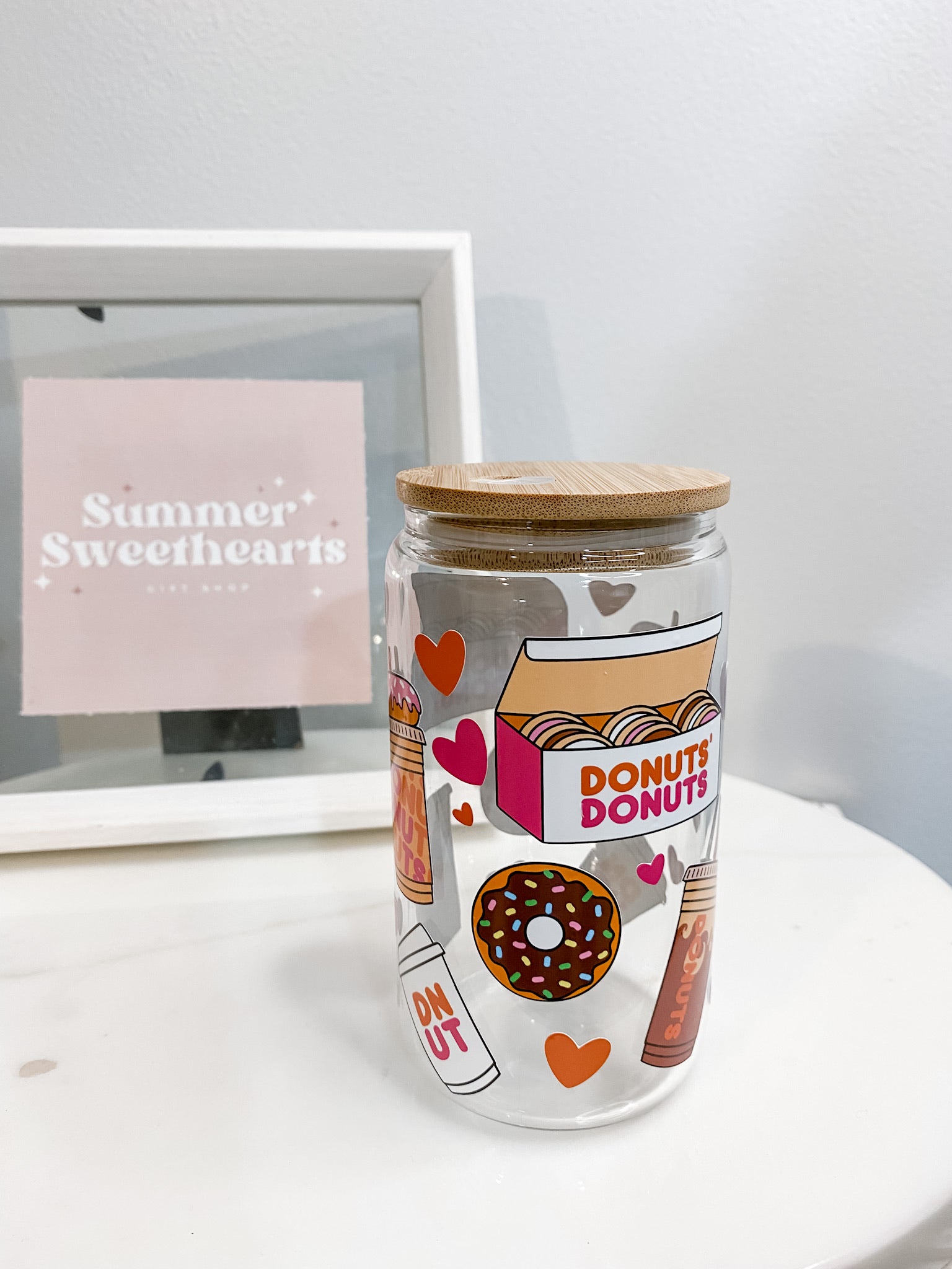Donuts & Coffee, 12oz Glass Tumbler with Straw & Lid