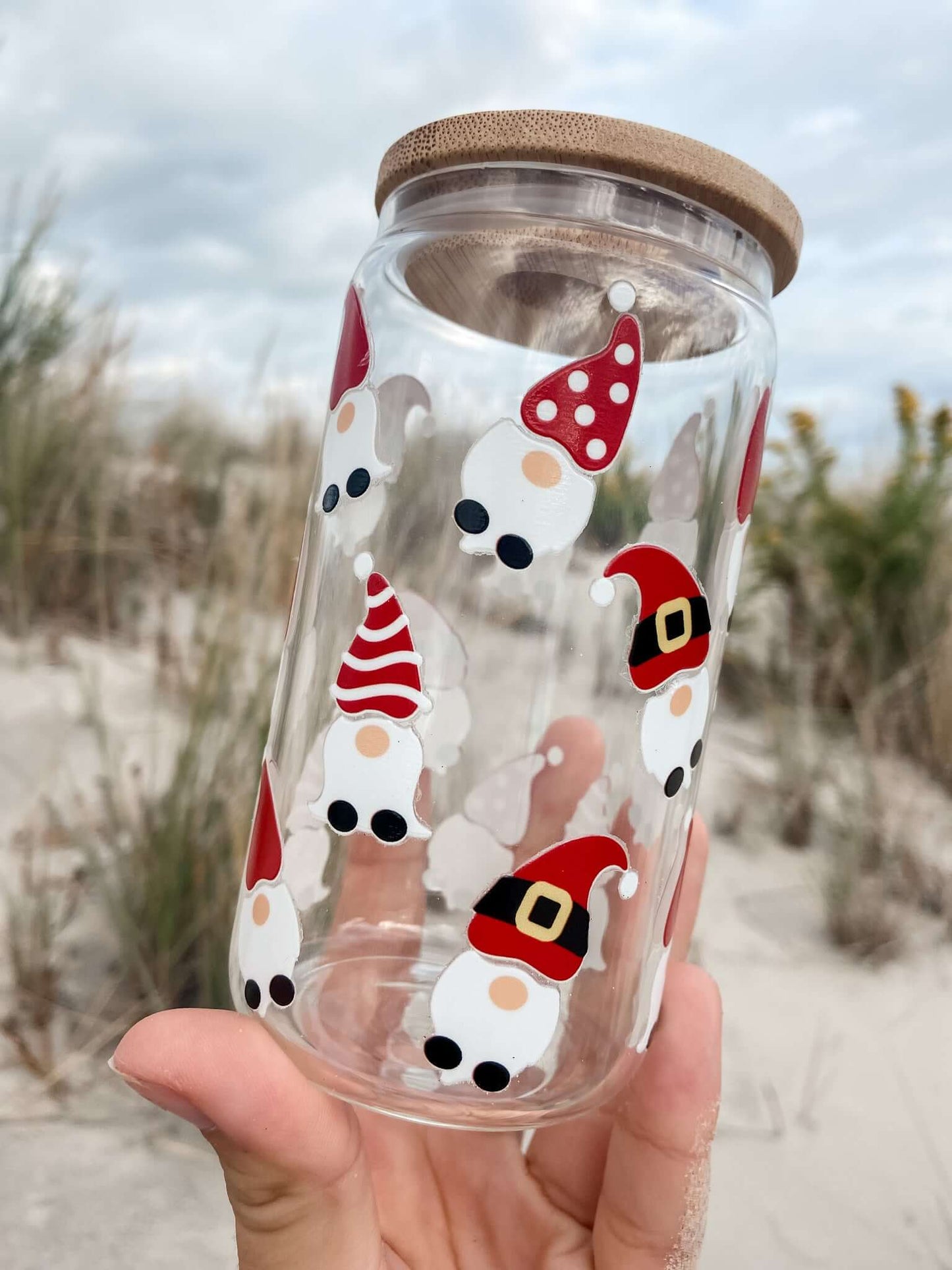 Holiday Gnomes | 12oz Glass Tumbler with Straw & Lid Tumbler