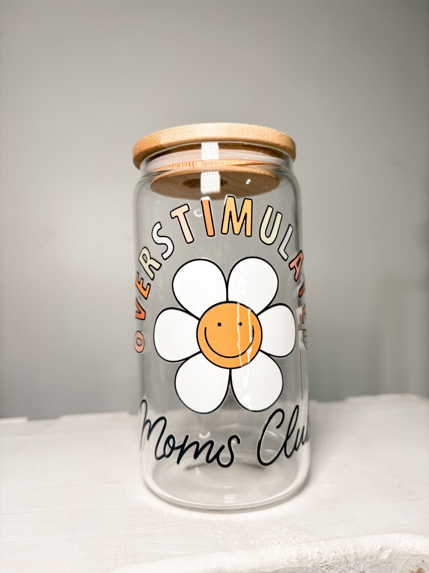 Overstimulated Moms Club| 12oz Glass Tumbler with Straw & Lid