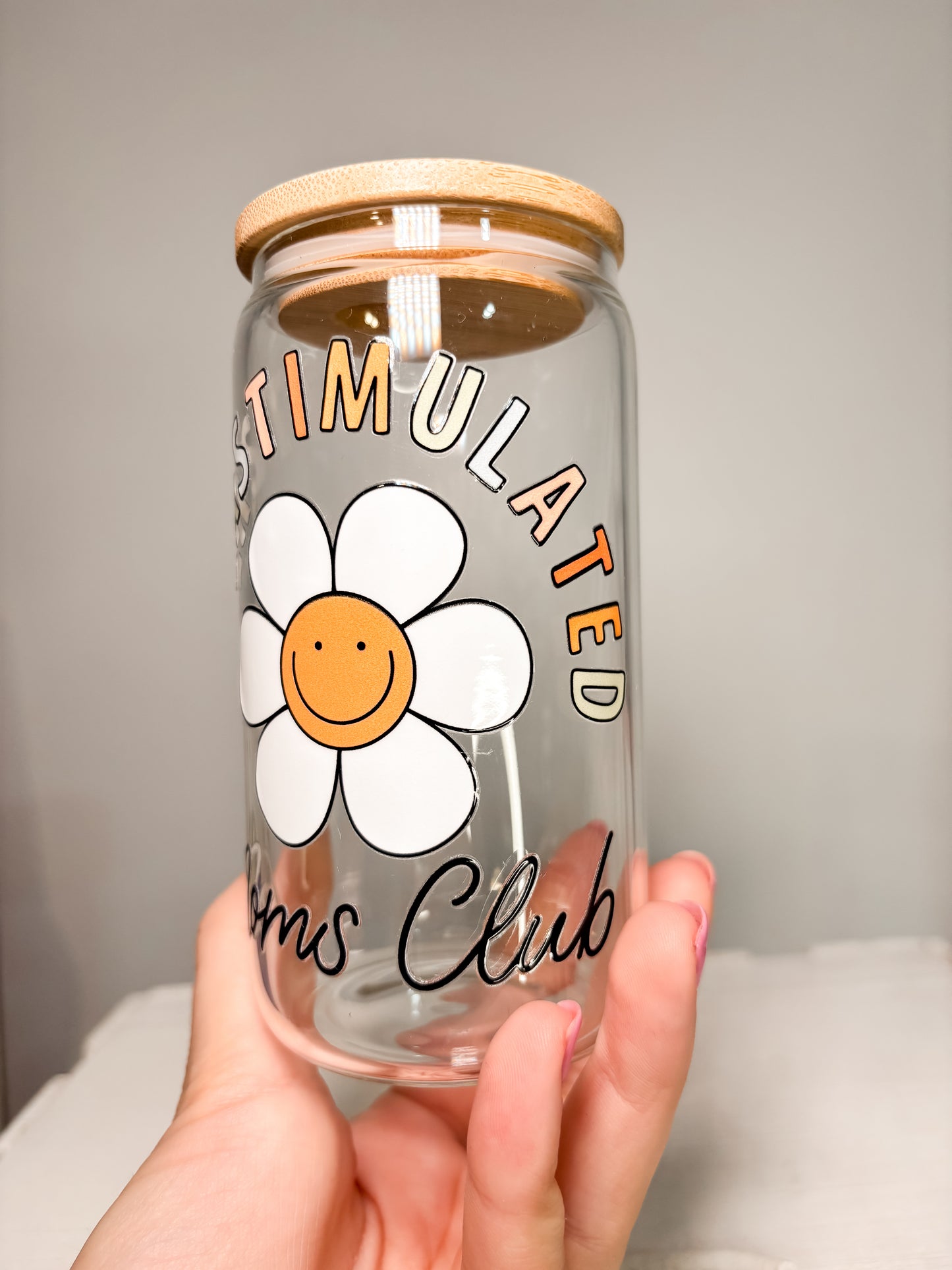 Overstimulated Moms Club| 12oz Glass Tumbler with Straw & Lid