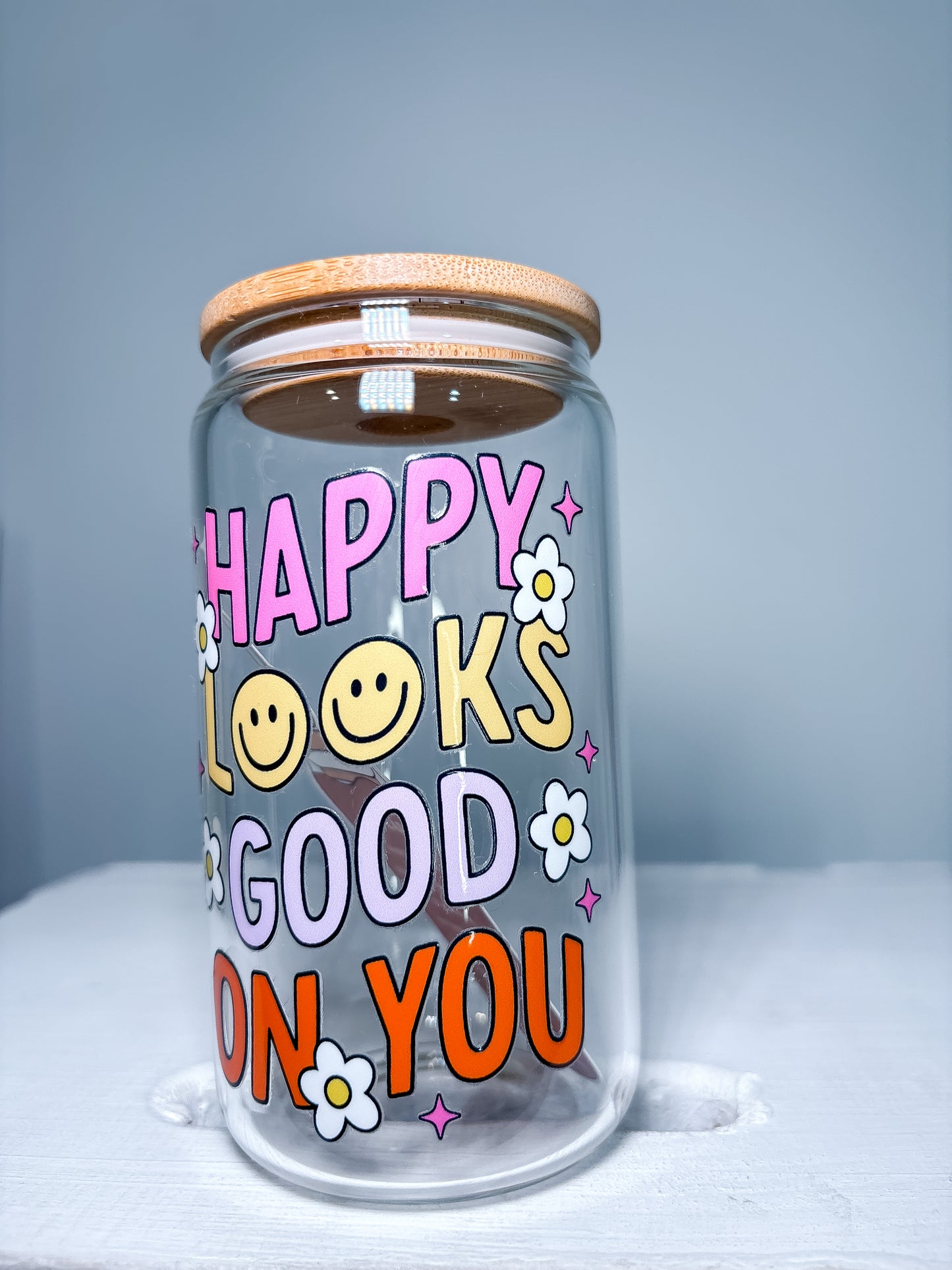 Happy Looks Good On You | 12oz Glass Tumbler with Straw & Lid