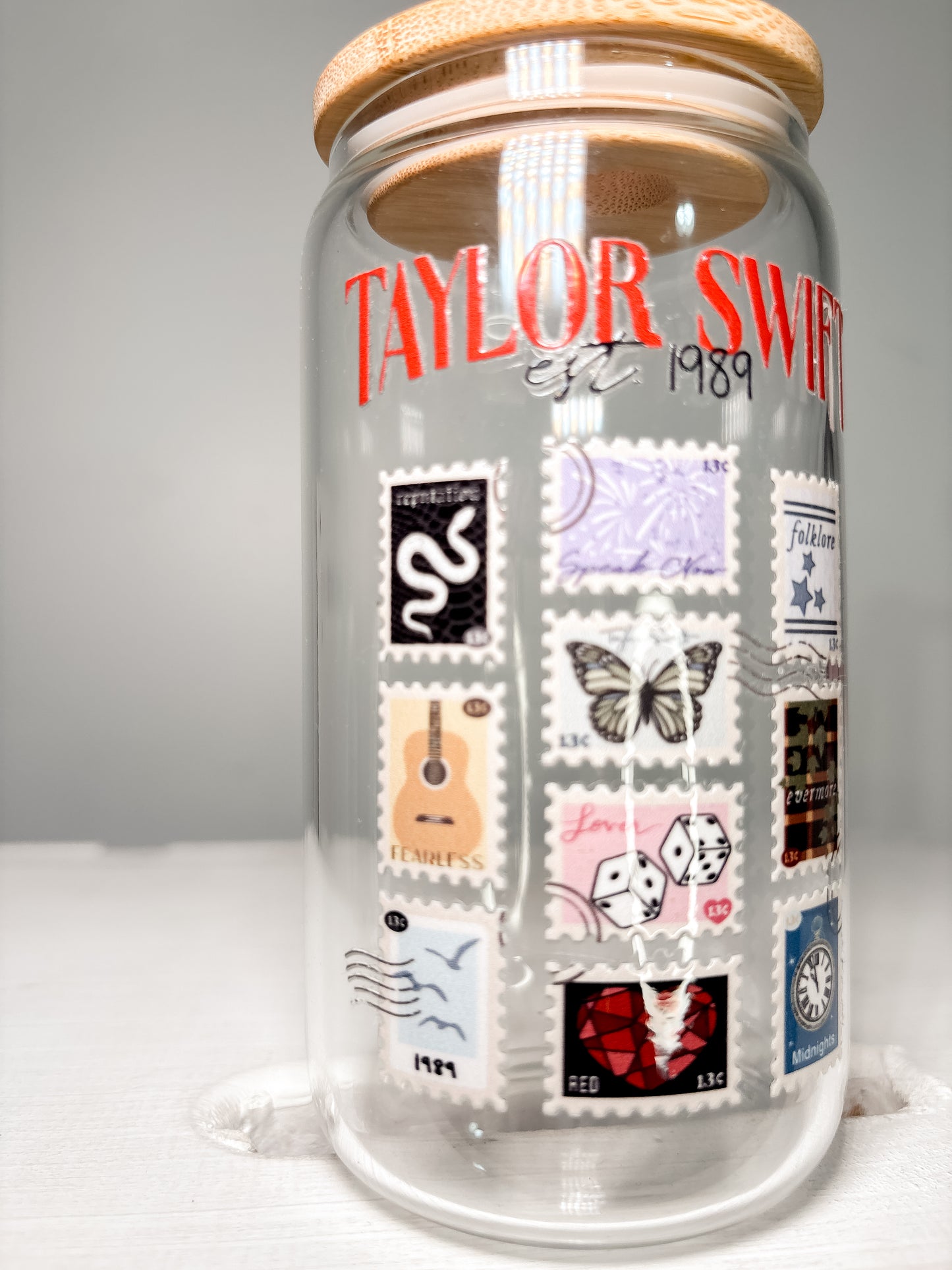 Taylor Swift Album Stamps| 12oz Glass Tumbler with Straw & Lid |