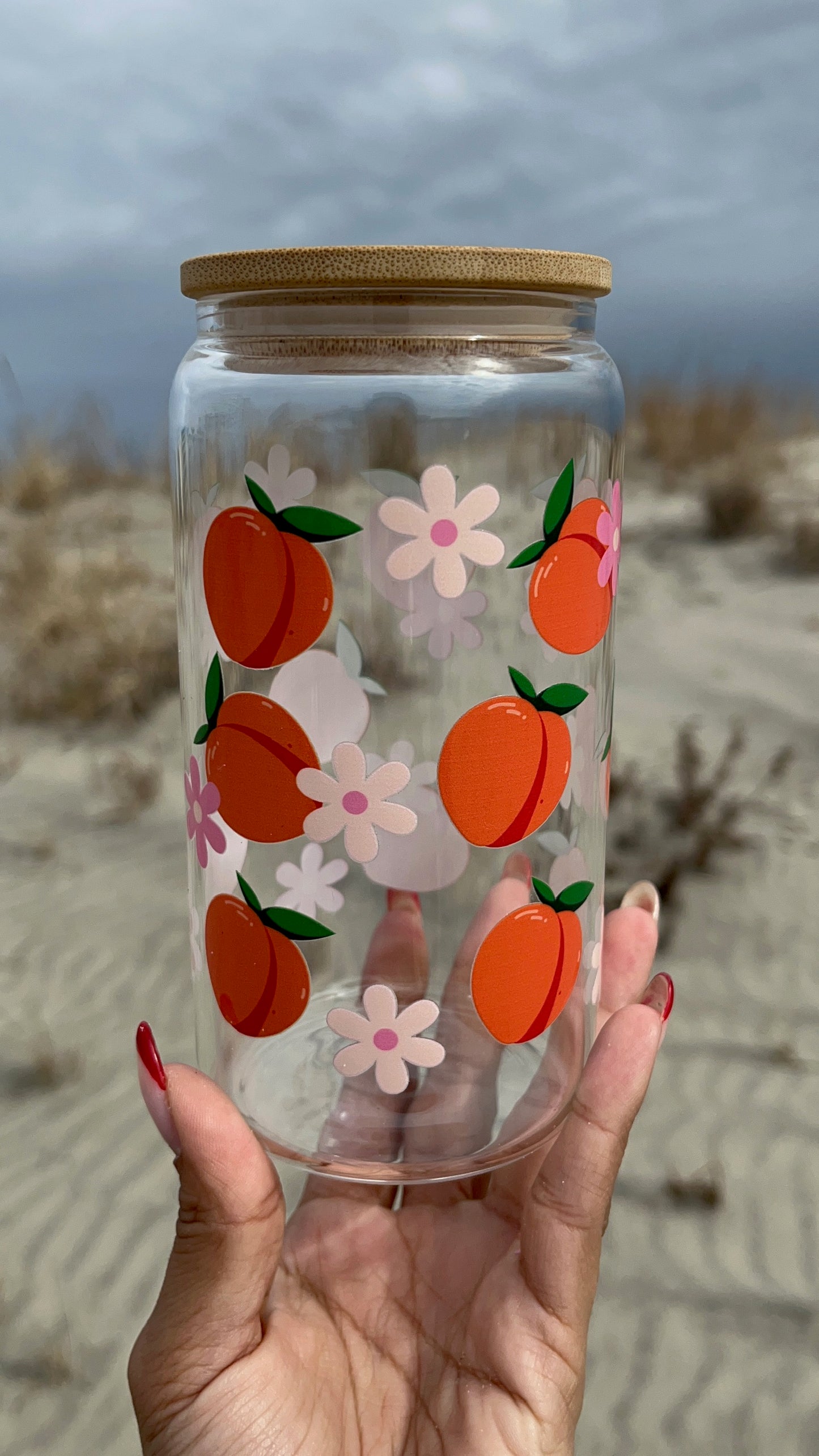 Peaches on Peaches | 16oz Glass Tumbler with Straw & Lid |