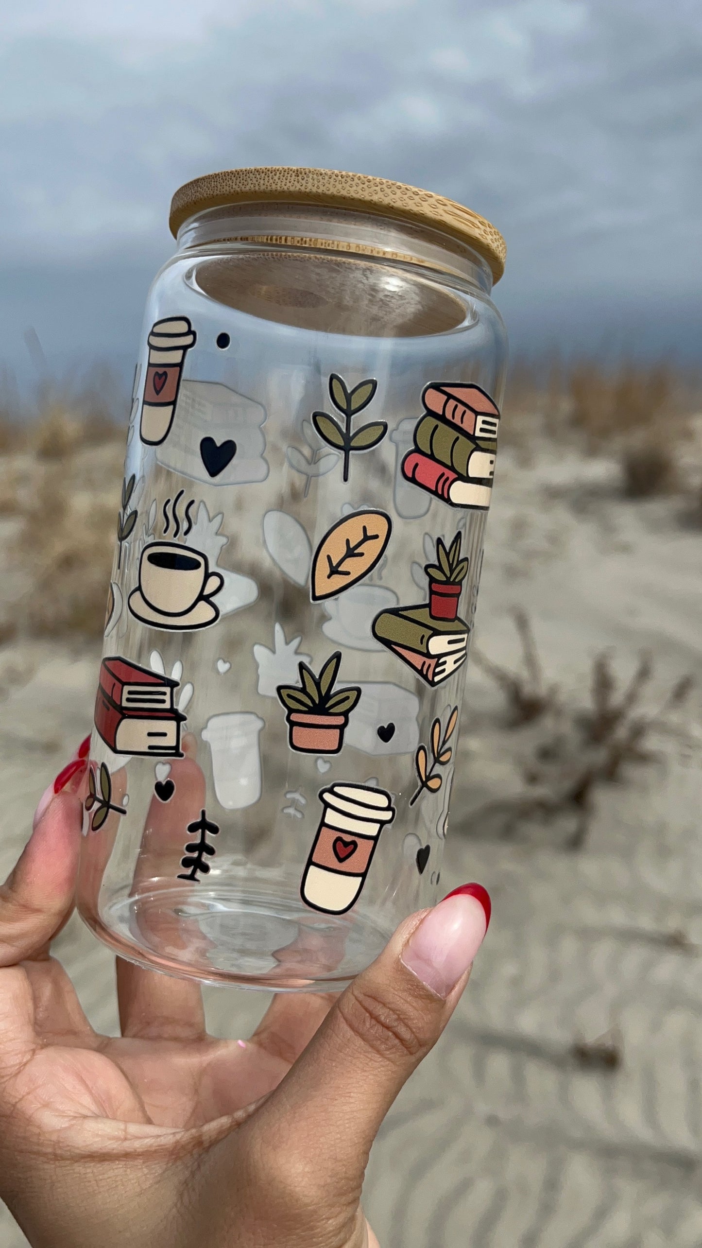 Book, Plants, & Coffee | 16oz Glass Tumbler with Straw & Lid |