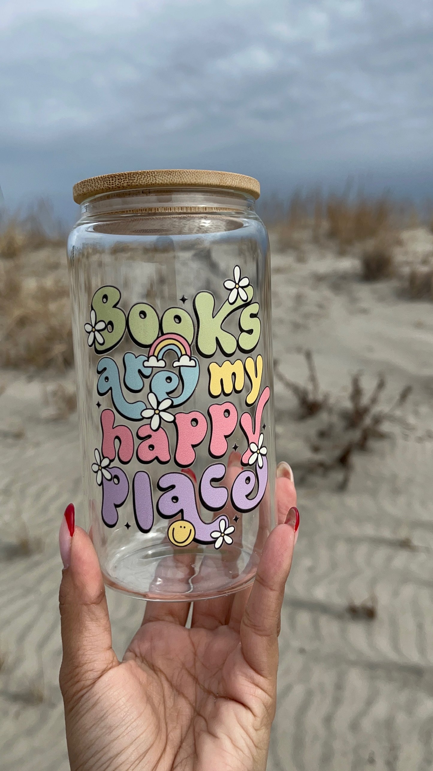Books Are My Happy Place | 12oz Glass Tumbler with Straw & Lid