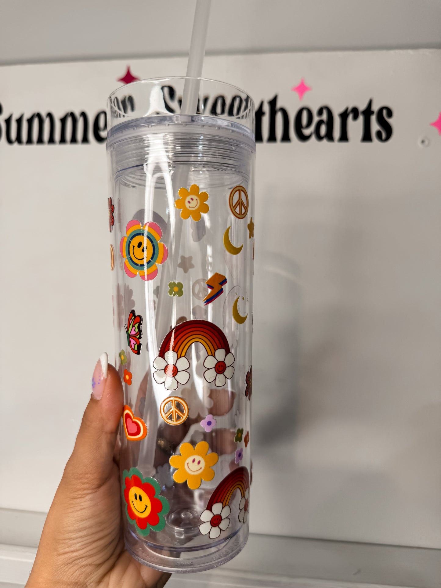 Boho & Rainbows| Plastic Water Bottle with Straw |