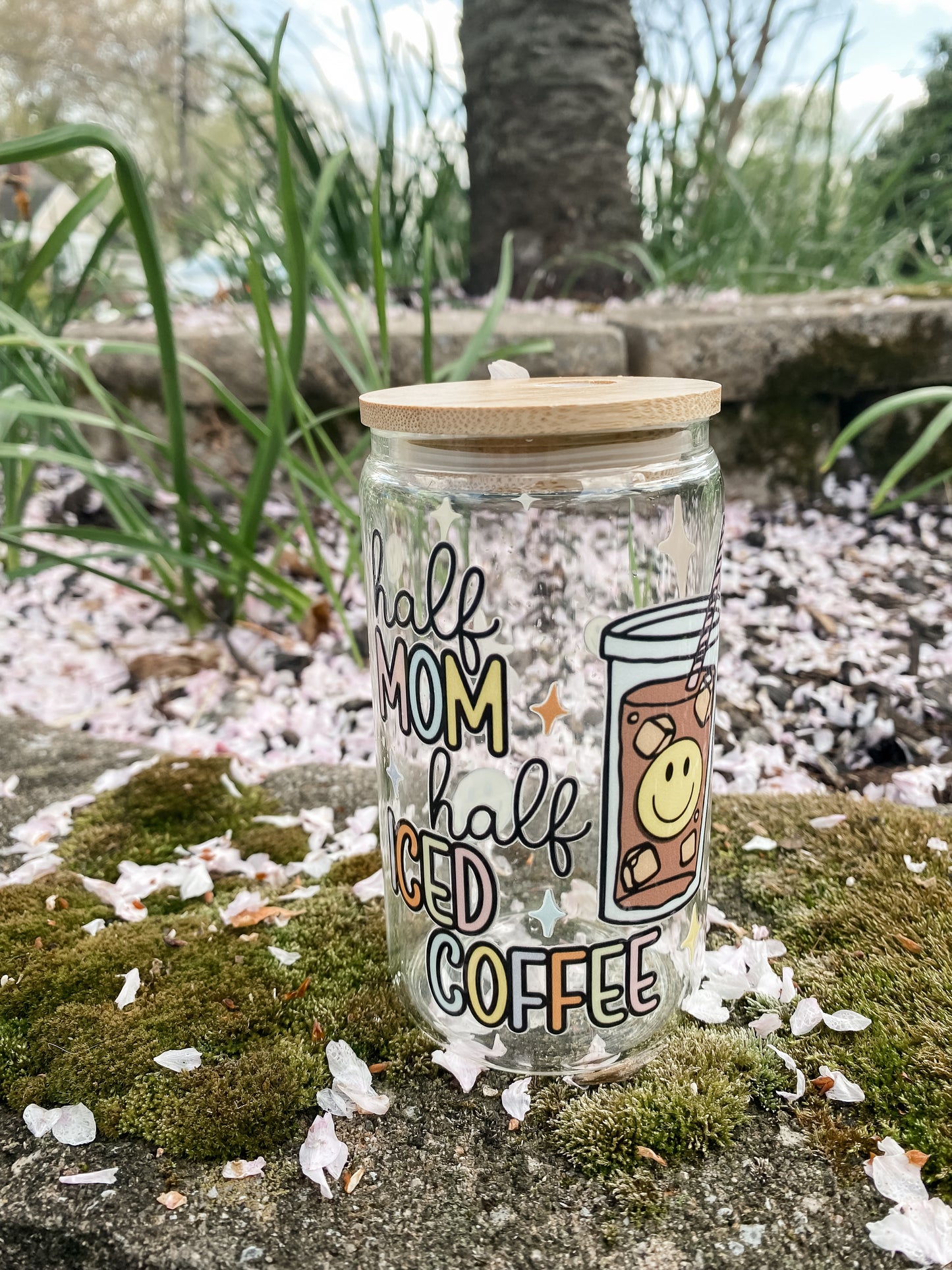 Half Mom Half Iced Coffee | 12oz Glass Tumbler with Straw & Lid