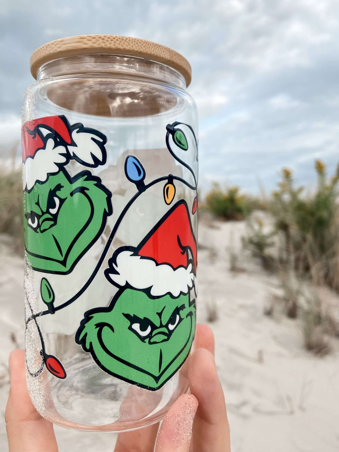 Grinch String of Lights | 16oz Glass Tumbler with Straw & Lid Tumbler