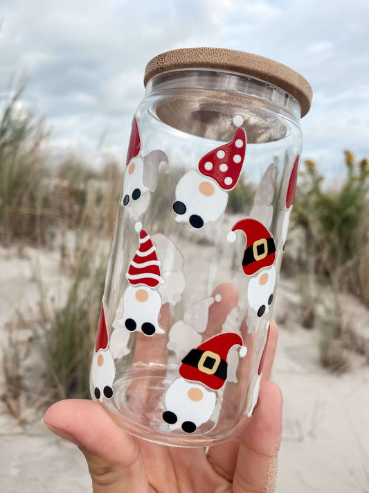 Holiday Gnomes | 12oz Glass Tumbler with Straw & Lid Tumbler