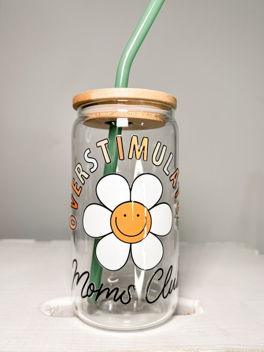 Overstimulated Moms Club| 12oz Glass Tumbler with Straw & Lid