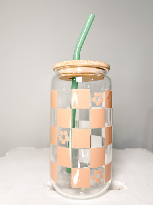 Beige Checkered  | 16oz Glass Tumbler with Straw & Lid |