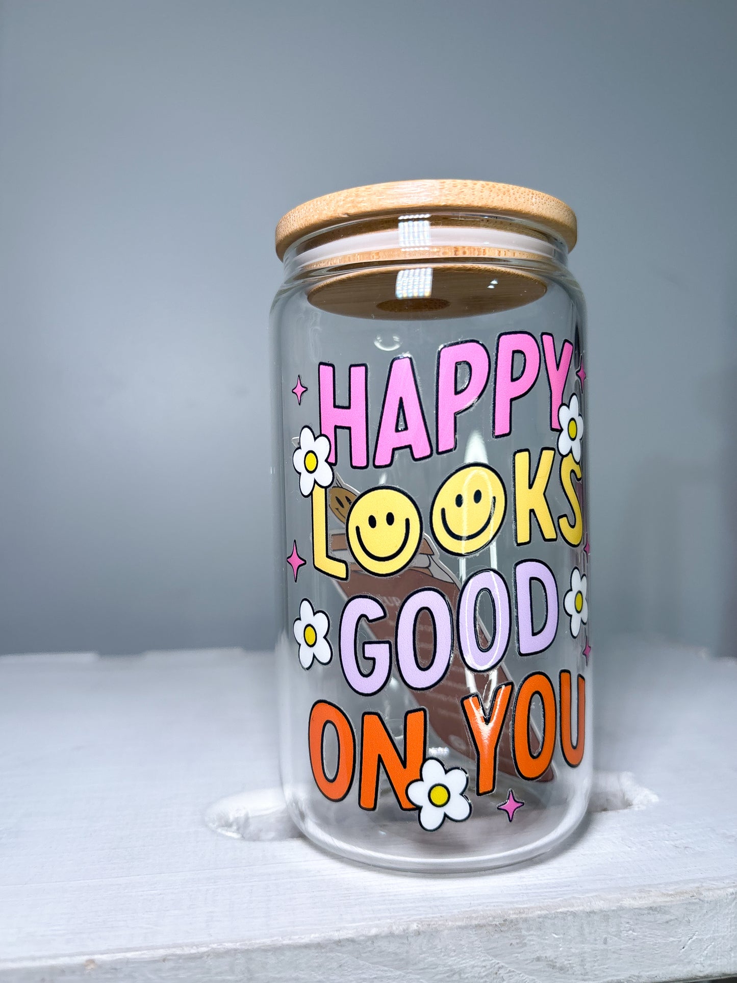 Happy Looks Good On You   | 12oz Glass Tumbler with Straw & Lid