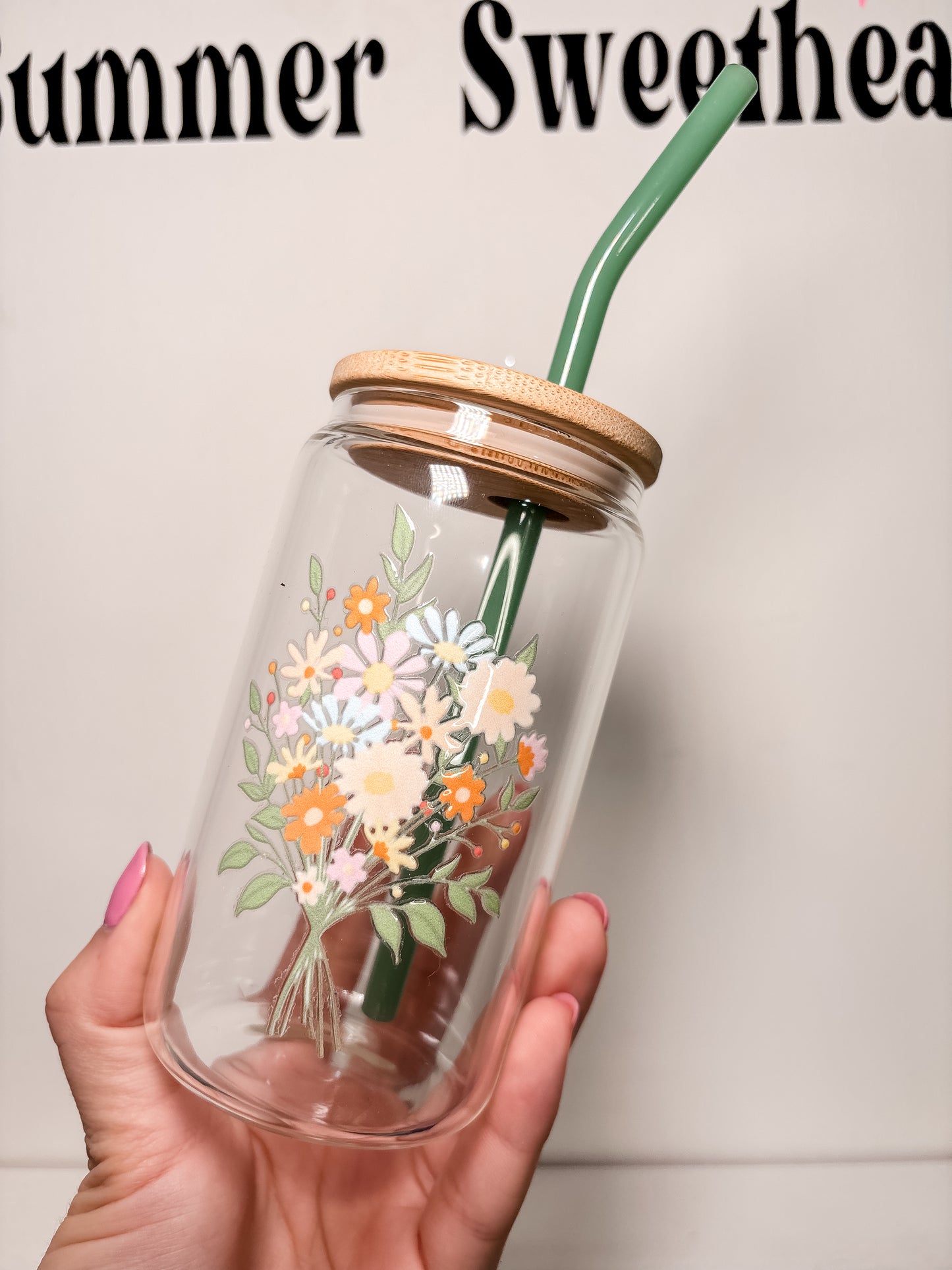 Flower Bouquet  | 12oz Glass Tumbler with Straw & Lid
