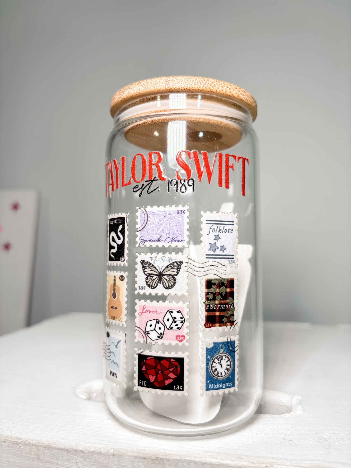 Taylor Swift Album Stamps| 12oz Glass Tumbler with Straw & Lid |