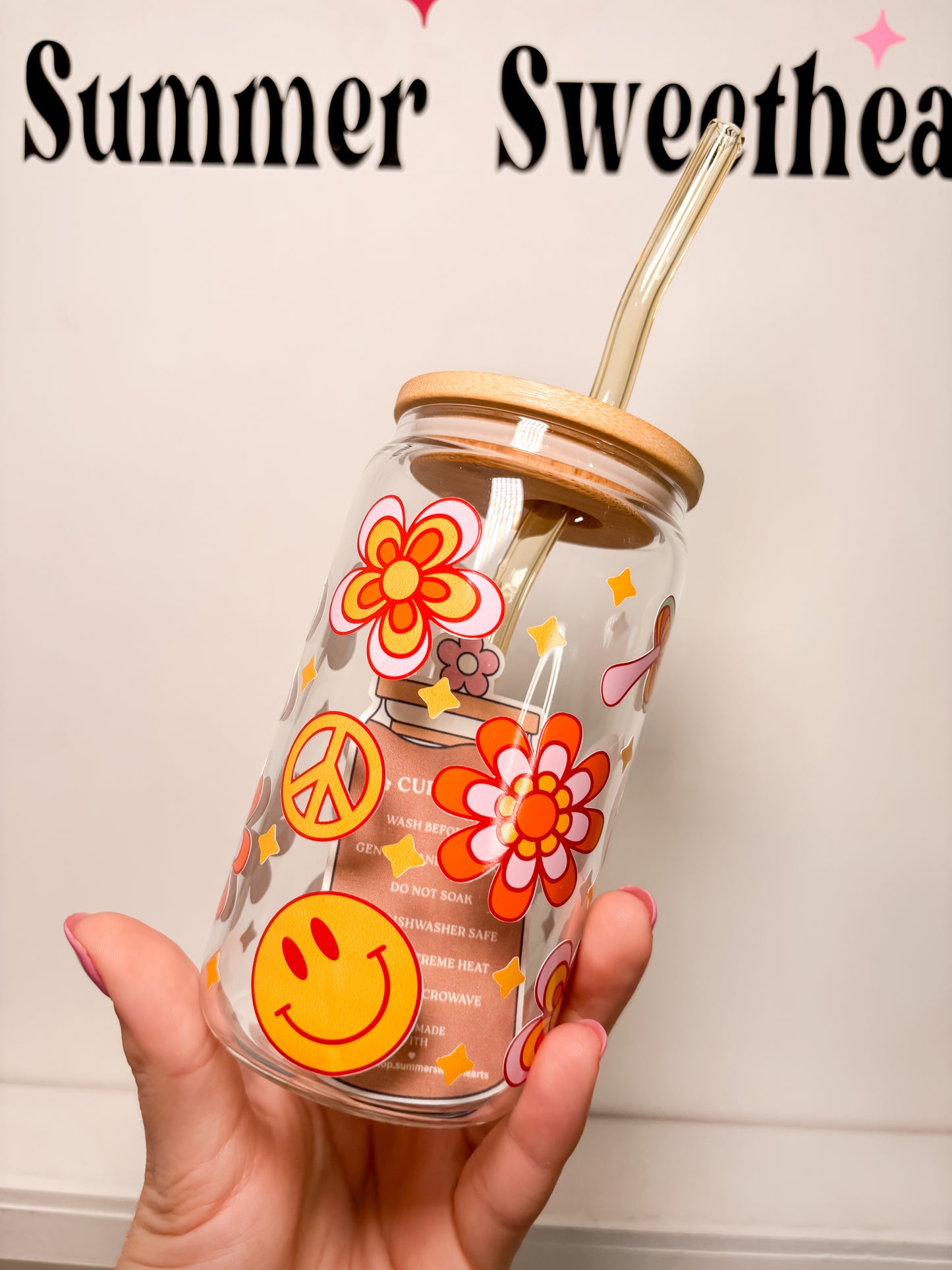 Groovy Smiles | 12oz Glass Tumbler with Straw & Lid