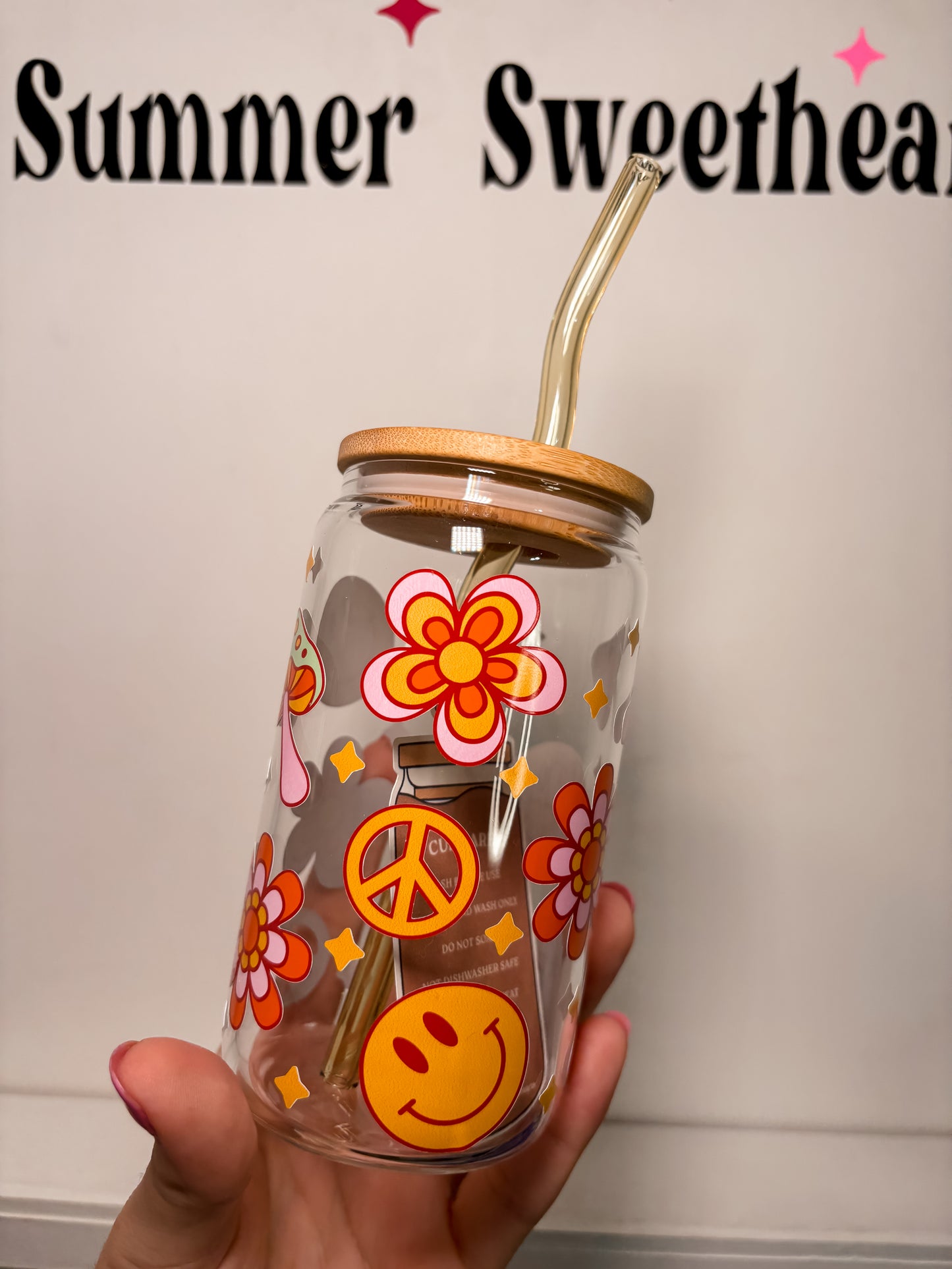 Groovy Smiles | 12oz Glass Tumbler with Straw & Lid