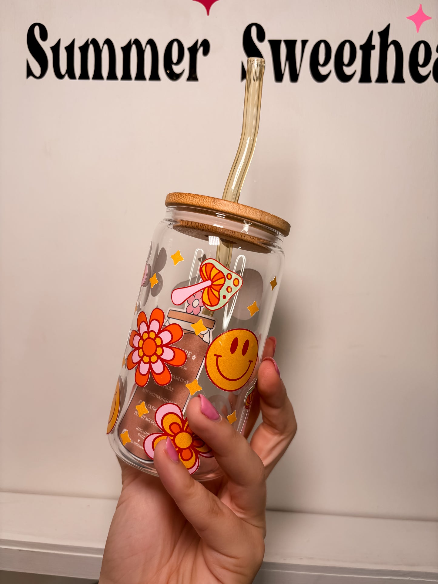 Groovy Smiles | 12oz Glass Tumbler with Straw & Lid