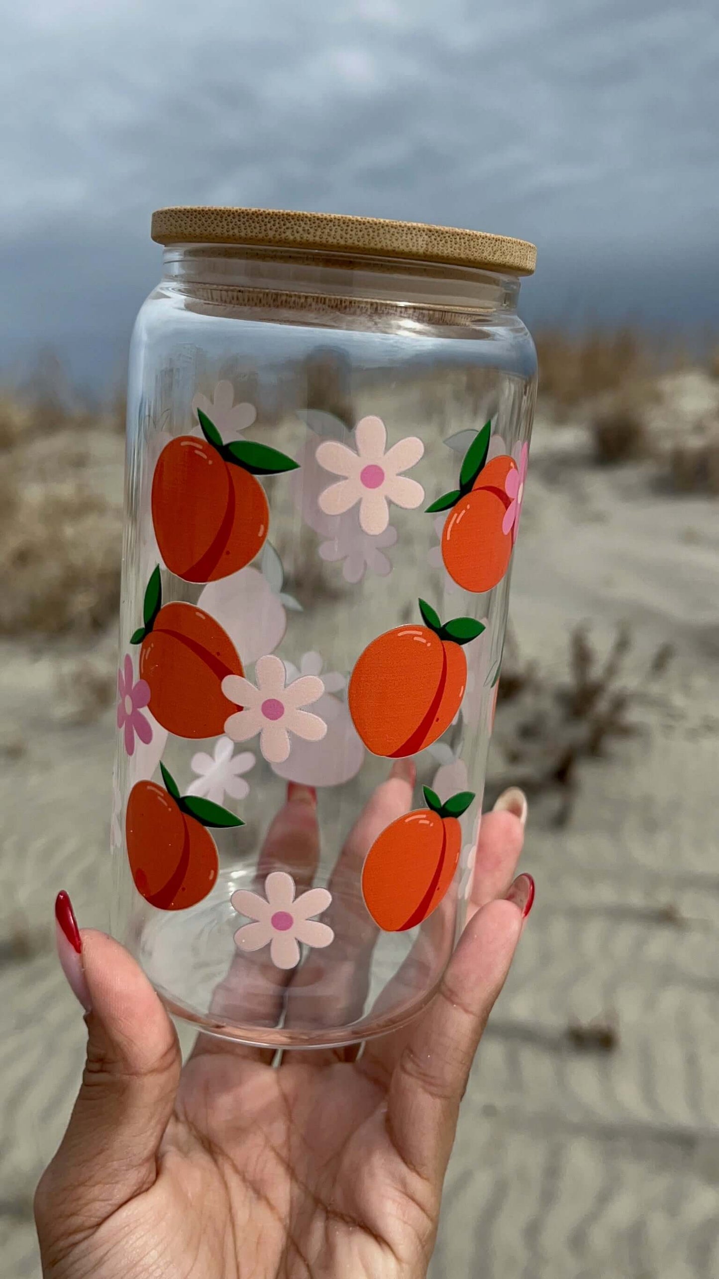 Peaches on Peaches | 16oz Glass Tumbler with Straw & Lid |
