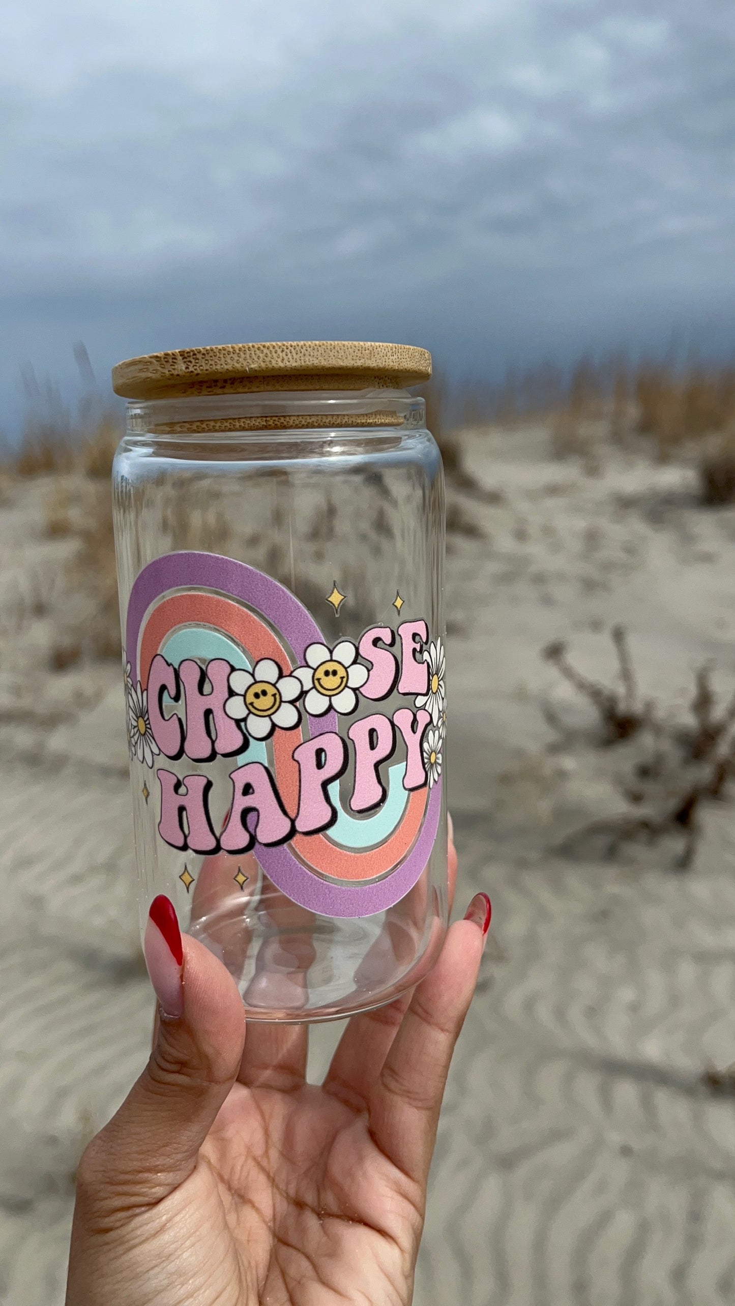 Choose Happy | 16oz Glass Tumbler with Straw & Lid |