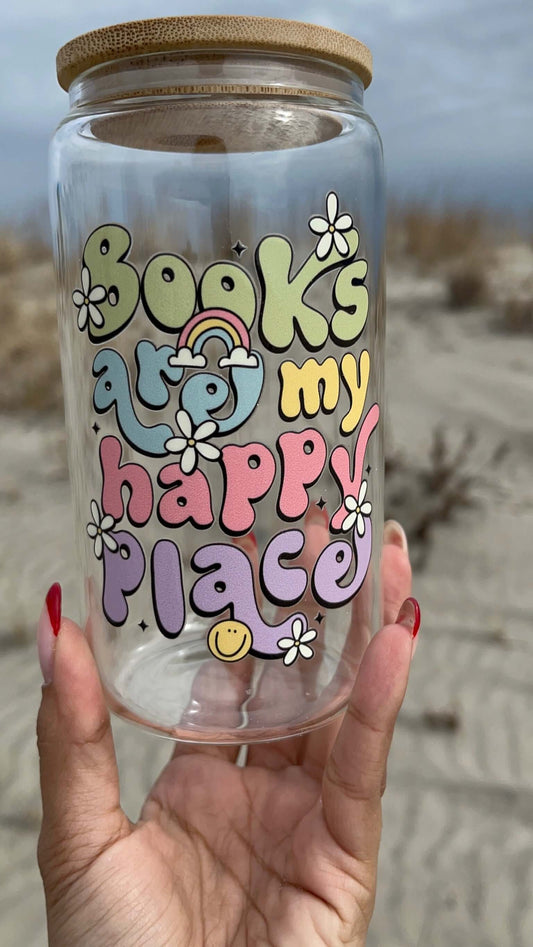 Books Are My Happy Place  | 12oz Glass Tumbler with Straw & Lid